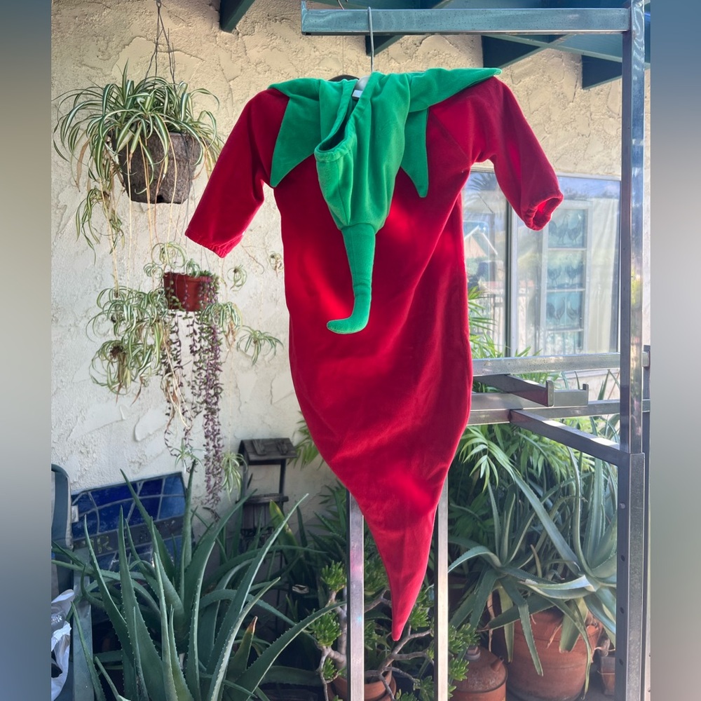 Chili Pepper infant costume, red fuzzy with green topper, snap close, 0-9 mos